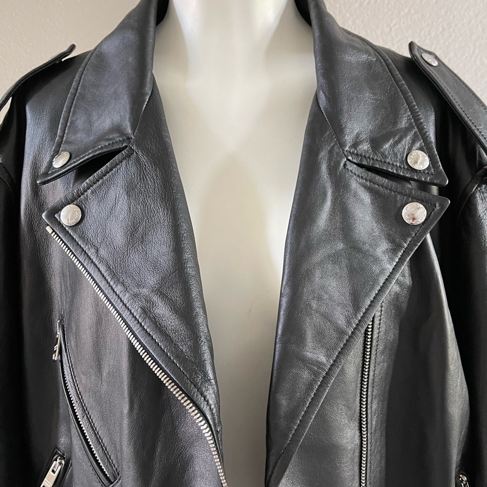 PRADA Oversized Black Biker Leather Jacket Size 42 - Picture 2 of 13